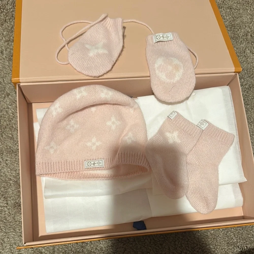 LV Pink Baby Hat, Mittens, and Socks Set - Picture 1 of 6